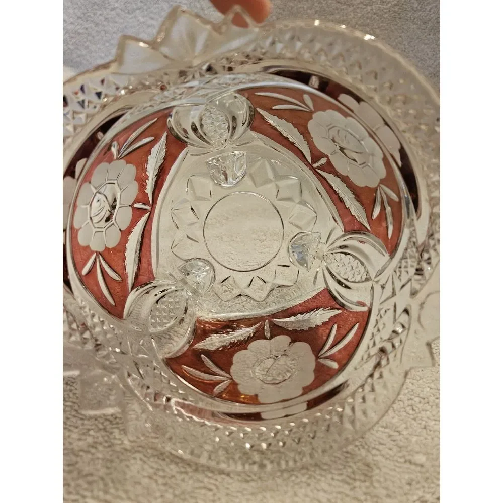 Vintage Anna Hutte Bleikristal Lead Crystal Footed Candy Trinket Dish Ruby Flash